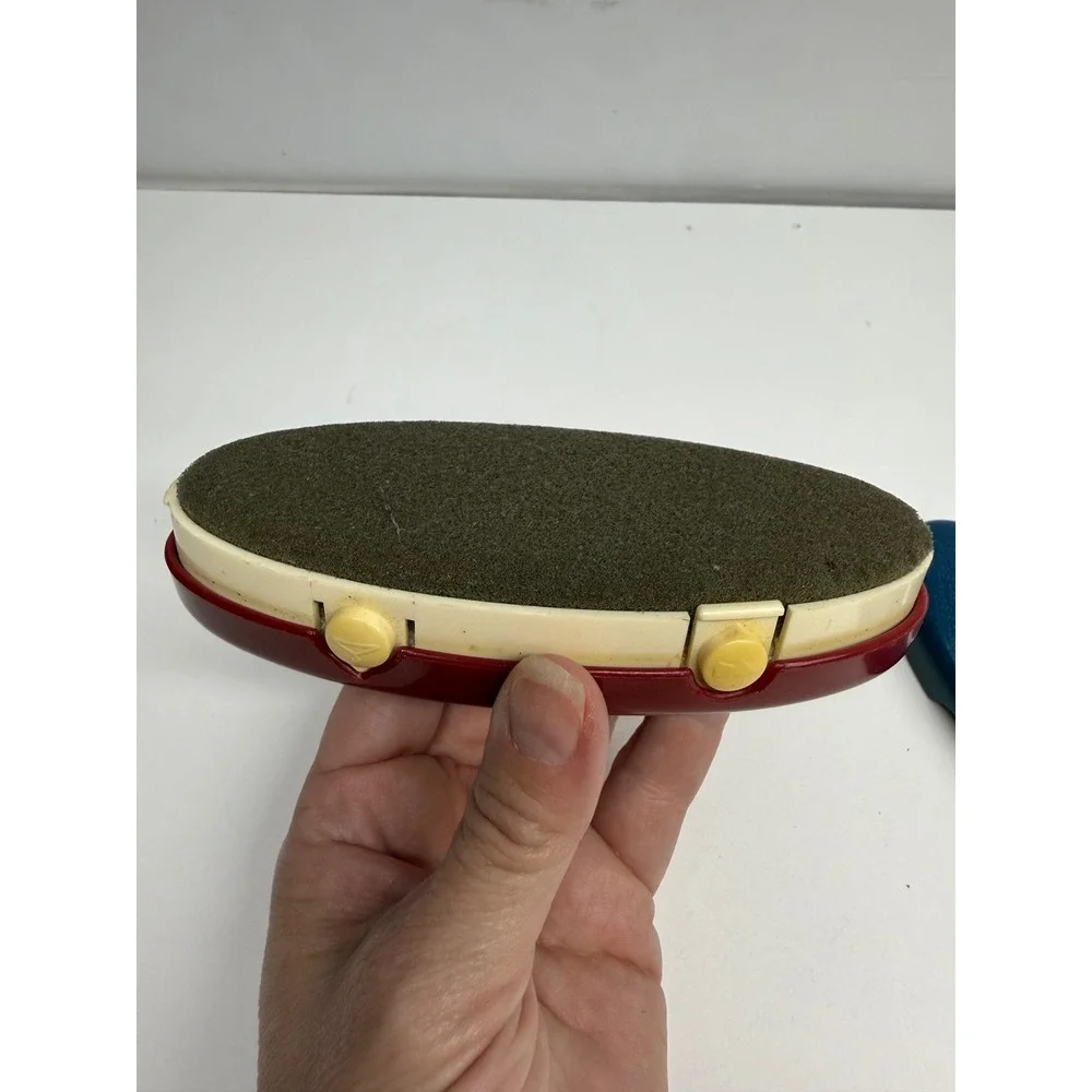 Vintage Travel Lint Brush and Shoe Buffer Compact Red Blue Two Sided Tool